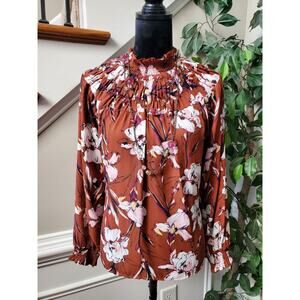 Chelsea. 28 Women Brown Floral Polyester Mock Neck Long Sleeve Top Blouse Size S